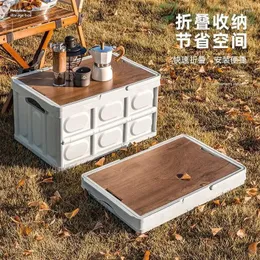 Camp Furniture Outdoor Camping Folding Box With Wooden Lid Home Food Organizer Container Fishing Picnic BBQ Car Trunk Storage Boxes