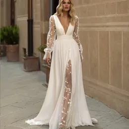 Sexy boho vestido de casamento 2024 com decote em v plissado lado split renda apliques mangas macias princesa birde vestidos formais vestido de novia robe de mariage