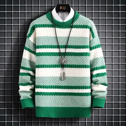 Suéter masculino outono inverno listrado suéter quente top moda costura cor combinando pulôver o-pescoço engrossado de malha