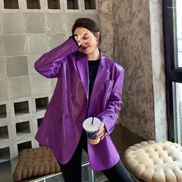 Ternos femininos roxo crocodilo falso couro pu jaqueta solta casual trespassado streetwear moda gola entalhada manga longa