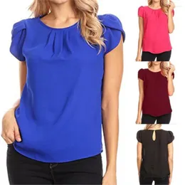 Blouses Femme Chemise En Mousseline De Soie Femmes Couleur Unie Coupe Slim Manches Courtes Col Rond Haut Décontracté Bureau Dame Élégant Pull Chemisier Hauts Été