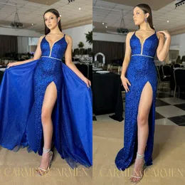 Royal Blue Blue Blue Prom Dress Thigh Split Formaling Everant Detachable Overskirt Glitterスパンコールパーティードレスの特別なOCNSプロムドレスのドレス