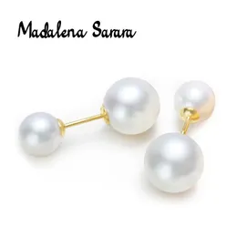 Zaagbladen Madalena Sarara 7mm9mm 담수 진주 여성 귀걸이 골드 Doble Pearl Style Natural Color Pearl Earrings