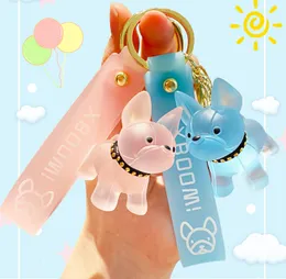 Crystal French French Bulldog Keychain 투명 강아지 자동차 키 체인 남성 여성 귀여운 만화 부부 배낭 펜던트 6 색