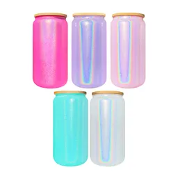 Wholesale Bulk free shipping Rainbow 16oz Holographic Shimmer glitter blank sublimation soda beer coffee glass can with bamboo lids For Heat Press Printing