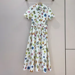 Vestido feminino de marca de moda europeia, constelação de algodão branco, graffiti, estampa animal, lapela, pescoço, camisa de manga curta, vestido midi