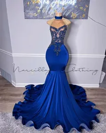 Black Girl için Mavi Prom Noyal Yular Elbiseler 2024 Sparkly Gillter Deniz Kızı Artı Boyut Doğum Günü Resepsiyonları Robe De Bal