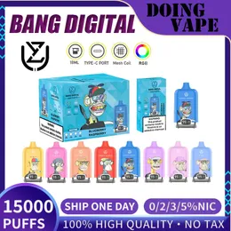 15.000 Züge Bang Digital Puff 15k Einweg-E-Zigaretten Eigenschaften Mesh Coil 20 ml Vaper Vape 15.000 Züge 0/2/3/5 % Wiederaufladbarer Fabrikverkauf Tornado VS Original Dampf