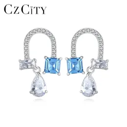 Charm Czcity Büyüleyici Saplama Küpeleri Kadınlar USHAPE STERLING SIER Blue Clear Cz Stone İnce Mücevher Partisi Noel Hediyesi SE414