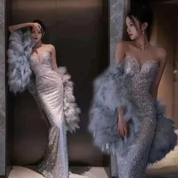 Luxuriöses silbernes Kristall-Abendkleid 2024, formelle Abendkleider mit Meerjungfrau und Pailletten (ohne Wickel)
