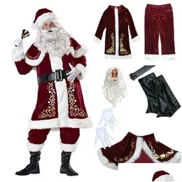 Noel Dekorasyonları 9pcs Veet Deluxe Noel Baba Baba Cosplay Takım Kostüm ADT Süslü Elbise Fl Set Setleri Damlası Düzeneği Dhhyv