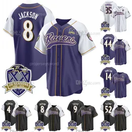 Ravens 20ª Temporada Patch Baseball Jersey 8 Lamar Jackson 9 Justin Tucker 14 Kyle Hamilton 44 Marlon Humphrey 52 Ray Lewis 4 Zay Flowers 35 Gus Edwards Costurado Jerseys