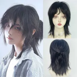 Cosplay Wigs Short Mullet Head Wigs with Bangs Synthetic Straight Anime Men Black Gray Green Hair Wig for Daily Party Cosplay