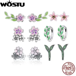 Orecchini WOSTU 925 Orecchini a cerchio in argento sterling Fiore di primavera Foglia Rondine Borchie per le donne Brillanti Zirconi Orecchino Ragazza Gioielli per feste Nuovo