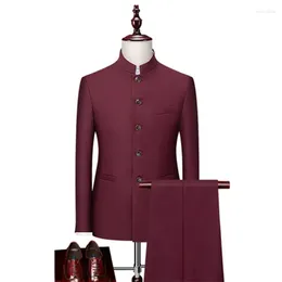 Ternos masculinos 2024 de luxo 2 peças terno de casamento masculino moda masculina fino cor sólida conjuntos de escritório de negócios tamanho grande túnica chinesa