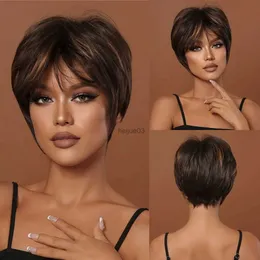 Cosplay Wigs Brown Synthetic Hair Wigs for Black Women Short Pixie Cut Hair Wigs With Bangs Party Daily Use Wig Natural Hair Heat Resistant