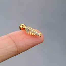 Fischskelett-Ohrringe für Frauen, 1 Paar, coole persönliche Zirkon-Schraubohrstecker, Goldfarbe, gesungener Piercing-Knorpelschmuck