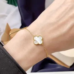 Original 1to1 Van C-A version Lucky High Clover Bracelet with Light Luxury Fashion and Sense Design Natural White Mother Beidu Thick Gold 3W9P