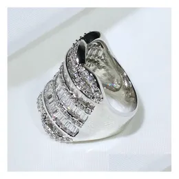 사이드 스톤즈 Wholesa Jewelry 독특한 925 Sterling Sier FL Stack 5A Cubic Zirconia CZ Diamond Wide Rings 파티 여성 웨딩 밴드 F Dhasg