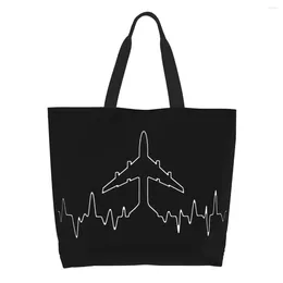 Shopping Bags Airplane Pilot Heartbeat Cute Printed Canvas Shopper Shoulder Tote Bag Big Capacity Durable Aviation Plane Gift Handbag