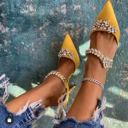 Slippers 2023 Autumn New Fashion High Heels Stiletto Pointed Wheat Ear Rhinestone Single Shoes Satin Wedding Shoes Slippers J240126
