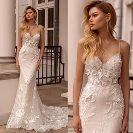 Vestidos de novia de sirena con apliques florales en 3D, vestidos de novia con tirantes finos, Espalda descubierta, vestido de novia de talla grande hecho a medida