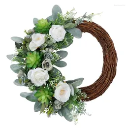 Decorative Flowers Artificial Succulent Wreath Rose Flower Spring For Front Door Wall Window Wedding Party Farmhouse Home Decor
