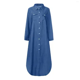 Casual jurken dames zakelijk effen reverskraag dagelijkse maxi-jurk knopen aan de voorkant denim blauw mode losse lange mouwen zachte vakantie