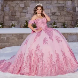 Gillter quinceanera rosa klänningar bollklänning söt 16 år korsett snörning prinsessan prom klänning vestidos de 15 anos