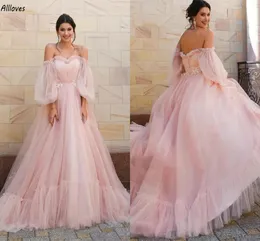 Blush Pink Puff Long ärmar Prom klänningar spetsar Appliced ​​Romantic Tulle Fairy Formal Evening Downs Plus Size Pleats Second Reception Birthday Party Dress CL3250