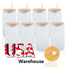 Usa CA Warehouse 16 Oz Straight Clear Frosted Water Bottle Sublimation Glass Can Tumbler Cup With Wooden Lid