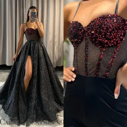 Sexy black prom dress a line high split illusion evening dresses elegant glitter bone bodice burgundy sequins top party dresses for special occasions promdress