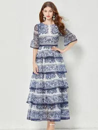Vestidos de festa elegante em camadas bolo camada vestido de verão lindo azul e branco porcelana impressa plissado mangas chiffon 2024