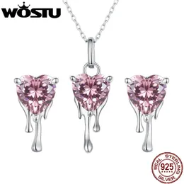 Set WOSTU 925 Sterling Silver a forma di cuore rosa cristallo CZ nappa orecchini pendenti collana di fascino regalo di San Valentino set di gioielli da sposa