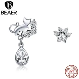 أقراط BISAER HOT SALE 925 Sterling Silver Cat Popintprints Animal Clear CZ STUR MORRINGS for Women Fashion Opering Jewelry ECE424