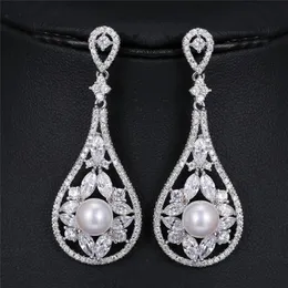 Charm Wedding Shining Cubic Zirconia Ear Clips Shell on Long Mosaic Big Pearl Earrings with Stones Fashion Jewelry