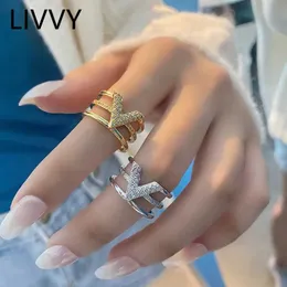 Band Rings LIVVY Fashion Silver Color V-shape Three-layer Zircon Adjustable Rings For Woman Fashion High-end Trend Jewelry Accessories 240125
