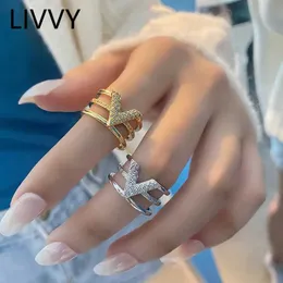 Bant halkaları livvy moda gümüş renk v-şekilli üç katmanlı zirkon ayarlanabilir halkalar kadın moda üst düzey trend takı aksesuarları 240125