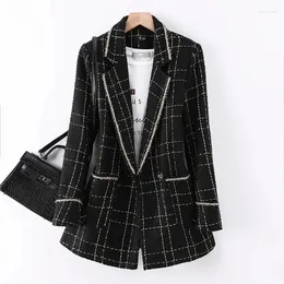 Trajes de mujer Llegada Casual Chaqueta suelta Mujer Blanco Negro Plaid Blazer Primavera Otoño Moda Mujer S-3XL Tops Abrigo con bolsillos reales