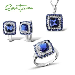 Fascino Santuzza Set di gioielli in argento sterling autentico per donne Pietre blu/verdi Anello con cz bianchi Orecchini pendenti Gioielleria raffinata per feste