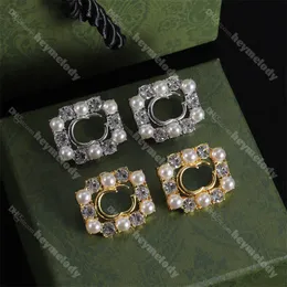 Nuovi orecchini di perle di diamanti Orecchini a cerchio di cristallo quadrati da donna Orecchini con doppia lettera di design con scatola