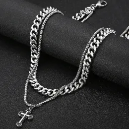 Cross Charm Pendant Necklace For Men Double Layer 14K White Gold Curb Neck Chain Birthday Christmas Gifts For Boyfriend Choker