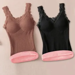 40-90 Kg PLUS Size Thermal Underwear Female Velvet Lace V-neck Sexy Slim Warm Vest Camisole Cotton Tank Tops 240117