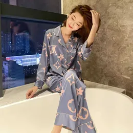 Women's Sleep Lounge Women 2st Pyjamas Set Spring Summer Satin Sleepwear Long Sleeve Trouser Suits Nightwear Loose Print Home Clothes Lounge Wear HKD230727