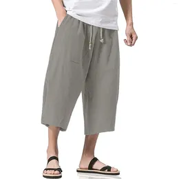 Mäns byxor herr casual linne yoga capris elastisk midja dragkammare bred ben baggy byxa färg enkla sport mjuka fickbyxor 2024