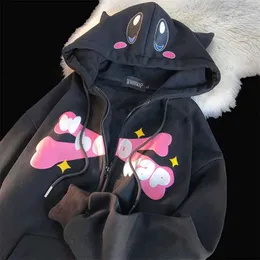 Kadın Hoodies Sweatshirts Kawaii Karikatür Y2K Baskı Hoodies Büyük Boy Ceket Kış Kış Gevşek Sıradan Sweatshirt Harajuku Dents Çiftler T240126