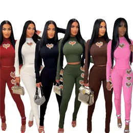 2024 Designer Spring Tracksuits Two Piece Set Women Ribbed Outfits Long Sleeve Heart Diamonds Sweatshirt Pants Sweatsuits Casual SolidWholesale Clothes 10560