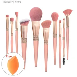 Pincéis de maquiagem luxo bling rosa escova cosmética 10pc personalizado glitter ferramenta vegan rosto escova de limpeza conjunto compõem escovas q240126