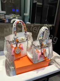 Himalaya Crocodile Handbag Tote Bags Imported Himalayan Crocodile Skin Platinum her Bag with Diamond Pure Hand Sewn Wax Thread Women's Bag 25cm Handbag 30cm