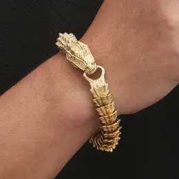 Gótico animal dragão corpo corrente pulseira para homens sólido 14k amarelo ouro masculino pulseiras de pulso na mão jóias acessórios vintage